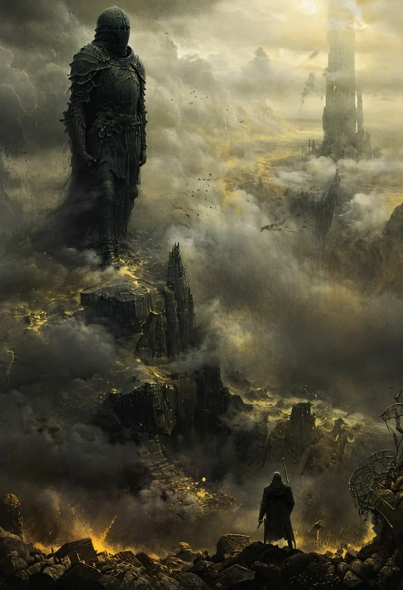 princess in crown with sword up, statue on the top of a mountain, statue extending through the clouds, alone man in light walks towards the tower from the viewer, sense of scale, landscape, gray stone, digital artwork by Beksinski, subtle colors, black and yellow theme theme, a thick toxic haze, menacing storm clouds, dark, elden ring, dark souls, grim, epiCPhoto, very long yellow lightning, art by hr giger