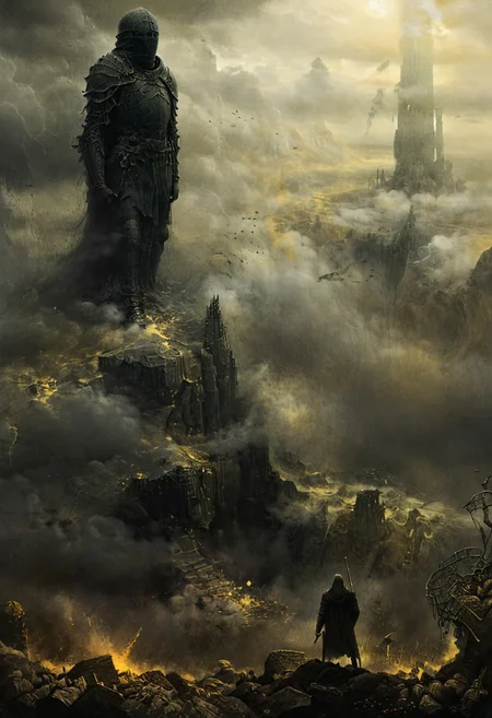 princess in crown with sword up, statue on the top of a mountain, statue extending through the clouds, alone man in light walks towards the tower from the viewer, sense of scale, landscape, gray stone, digital artwork by Beksinski, subtle colors, black and yellow theme theme, a thick toxic haze, menacing storm clouds, dark, elden ring, dark souls, grim, epiCPhoto, very long yellow lightning, art by hr giger