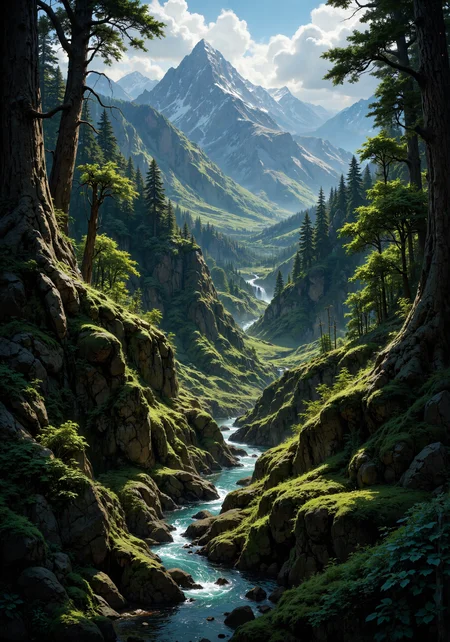 A sweeping aerial view capturing a majestic twilight forest and rugged mountain silhouettes. Intricate textures of ancient trees, dense emerald canopies, and softly illuminated moss-covered bark create a mesmerizing, high-resolution 8k masterpiece. Ethereal mist drifts across the woodland floor, blending with warm, natural gradients and cinematic low-angle perspectives. Rich, vibrant hues, shadowed depths, and rustic spatial compositions evoke an air of serene mystery and timeless wonder in this enchanted scene. <lora:ck-charcoal-drawing-000014:0.5> <lora:MysticFantasy:0.8> <lora:Anime realistic V1:0.5> <lora:flux_dev:1>