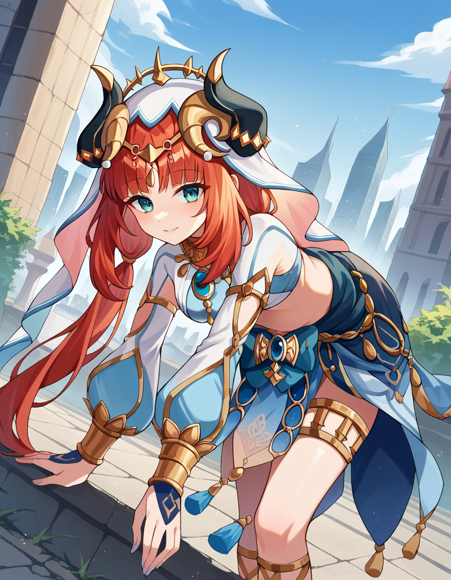 score_9, score_8_up, score_7_up, source_anime,
genshinnilou, <lora:genshin-nilou-ponyxl-lora-nochekaiser:1>
nilou, red hair, twintails, blue eyes, long hair, smile,
blue skirt, bracer, circlet, crop top, dancer, detached sleeves, fake horns, gladiator sandals, gold footwear, gold trim, horns, jewelry, long sleeves, neck ring, puffy long sleeves, puffy sleeves, sandals, skirt, thighlet, thighs, veil, white headwear, white sleeves, white veil,
outdoors, cityscape, bent over,
looking at viewer, dutch angle, cowboy shot,