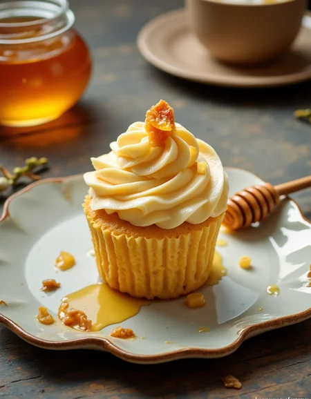 A high-resolution food photograph featuring a beautifully crafted honey-themed cupcake sitting on a delicate handmade ceramic plate with a slightly irregular, artisanal shape. The cupcake has a golden, fluffy sponge base and is topped with a swirl of silky honey-infused buttercream frosting, piped in elegant, smooth peaks. A delicate drizzle of golden honey cascades down the frosting, glistening under the soft natural light.
A small honeycomb piece is carefully placed on top, adding texture and depth, while a few toasted almond slivers or edible gold flakes subtly enhance the presentation. The plate rests on a rustic wooden table with a few drops of honey and a wooden honey dipper placed nearby for an organic, natural touch. In the softly blurred background, a small glass jar of honey and a cup of chamomile tea sit, complementing the cozy and warm atmosphere.
 <lora:FluxDFaeTasticDetails:1>   <lora:AntiBlur:1>