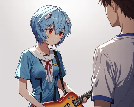 score_9, score_8_up, score_7_up, source_anime BREAK 1girl, ayanami rei, red eyes, looking at another, hair between eyes, short hair, over-the-shoulder shot, blue hair, small breasts, perky breasts, guitar, playing instrument, standing, <lora:Over-the-shoulder_shot:1>, 1boy, male facing away, faceless male, rating_questionable
