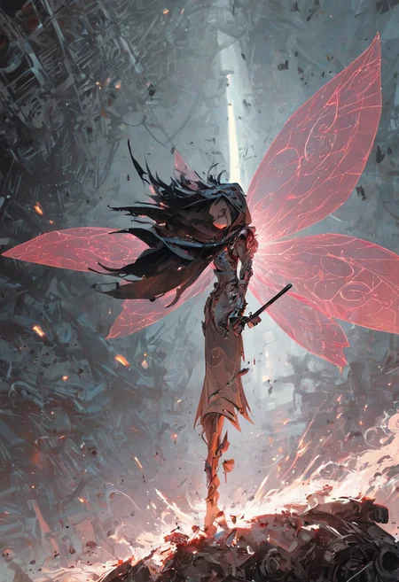 score_9, score_8_up, score_7_up, cinematic photo, dramatic lighting, dynamic pose, fantastic,
A woman in swirling black and grey high dress clothing with a hood,
((She wields a pair of thin glowing pink blades with an obsidian cross guard)),
(She has uniquely colored and shaped, translucent fairy wings sweeping behind her, with charcoal grey and smoke like elements),
Her short black hair partially obscures her intense, teal-eyed gaze,
Sparks and ash fly around her in the dimly lit, background of a futuristic spaceship interior,
Glowing, action, intense, Anime style, high contrast, and saturated colors. <lora:Neon_Splash_Art_for_Pony:1>