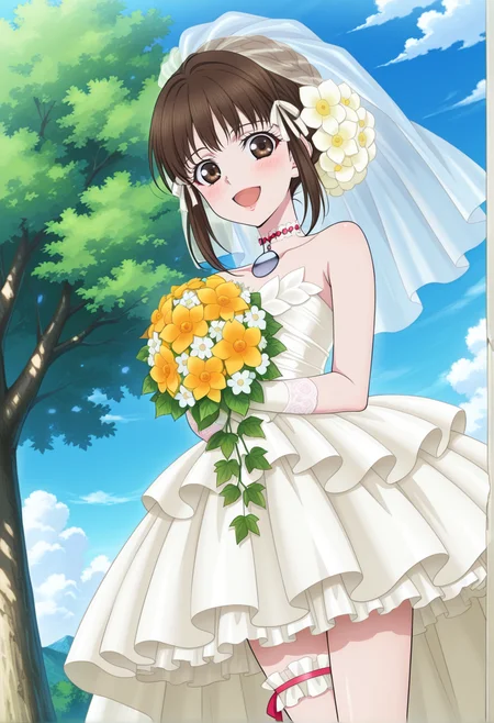 open smile, blush,
cowboy shot, dynamic angle, frow below,
BREAK,
<lora:reala_illustriousXL_v01:0.95>
realarnd, realawed, brown hair, brown eyes, short hair, bridal veil, hair ribbon,
pendant choker, wedding dress, sleeveless, white gloves, layered dress, short dress,
thigh ribbon, white footwear, white high heels,, source_anime, very aesthetic, anime coloring, masterpiece,
best quality, amazing quality, ultra detailed, very aesthetic,
detailed background,
BREAK,, street, trees, clouds, day,