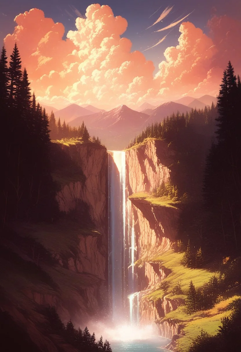score_9, score_8_up, score_7_up, score_6_up, score_5_up, score_4_up, semi realistic, waterfall, mountains, forest, wind, clouds, masterpiece, source_painted, concept_art