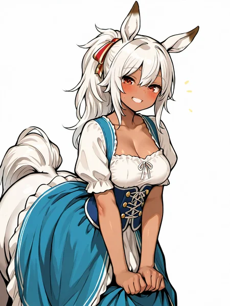 masterpiece, best quality, amazing quality, very aesthetic, high resolution,
epona, 1girl, solo, taur, smile, monster girl, animal ears, breasts, ponytail, centaur, looking at viewer, hair between eyes, shirt, white horse ears, Bavarian dress, red eyes, grin, bangs, long hair, white hair, dark-skinned female, medium breasts, blush, white background, simple background,
<lora:epona_race_v2_illustrious_epoch_7:0.9>,
<lora:NOOB_EPSv1_1_detailer_by_vlnvk_v1_0:1>