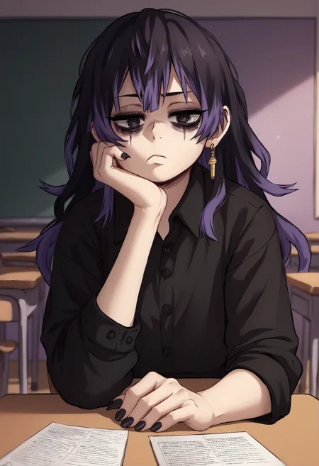 (score_9, score_8_up), score_7_up, zPDXL, FoxDemon, 1girl, black hair, two-tone hair, long hair, earring, black eyes purple background, young, looking at viewer, black shirt, jean, denim, indoors, classroom, sitting, school, table, bored, bags under eyes, claws, black nails, <lora:Fox_Demon_Girl_XL_Pony_SingleShot:1> <lora:GreatM8_Style_XL_Pony_Revision:1.1>, greatm8 style