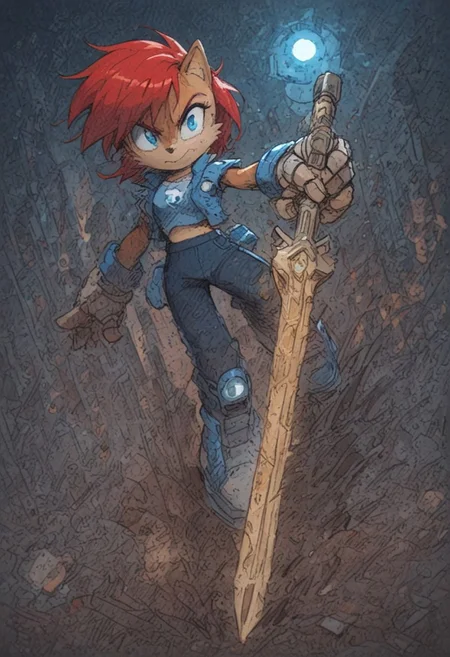 score_9, score_8_up, score_7_up, score_6_up, best quality, m1n0, solo, 1girl, sally acorn, blue knight armor with white trim, large golden sword, holding sword in hand, attacking, fight, swinging sword at a robotic enemy, robot seductive, vibrant colors, backlight, starburst, city street, street lights, action shot, cyberpunk