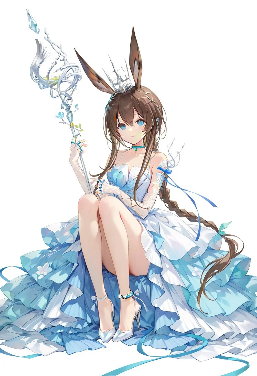 artist:Tsunako,(artist:miyase mahiro:0.55),(artist:ke-ta:0.8),masterpiece,best quality,amazing quality,1girl, amiya(arknights),arknights,amiya,yinlvlianjue,rabbit ears,brown hair,blue eyes,long hair,single braid,strped dress,ribbons,elbow gloves,crown,shoulder,choker,ankle bracelet,heels,ribbon heels,holding staff,lace gloves,multiple rings,white background,sitting,knees up,full body,