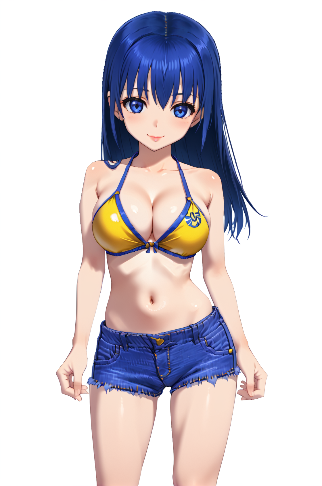 arinPangya, blue hair, blue eyes, long hair, bangs, large breasts, lips,
swimSet, yellow bikini top, denim shorts,
standing, smile, 
1girl, solo, looking at viewer, white background,
 <lora:arinPangyaPonyV3.0-000008:1>