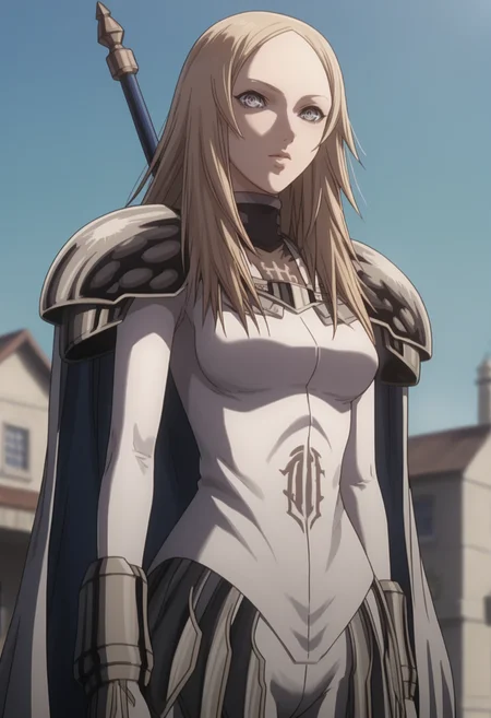 score_9, score_8_up, score_7_up, source_anime, BREAK ,,1girl, solo,   cowboy shot,   <lora:DX888Miria:1> miria, long hair, grey eyes, bodysuit, pauldrons, cape