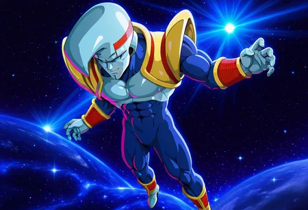 masterpiece, best quality, amazing quality, very aesthetic, absurdres, depth of field, volumetric lighting, absurd res, babgt, tuffle, alien, bodysuit, 1boy, male focus, blue skin, armor, wristbands, boots, blue eyes, no pupils, no irises, abs, muscular, solo, space background