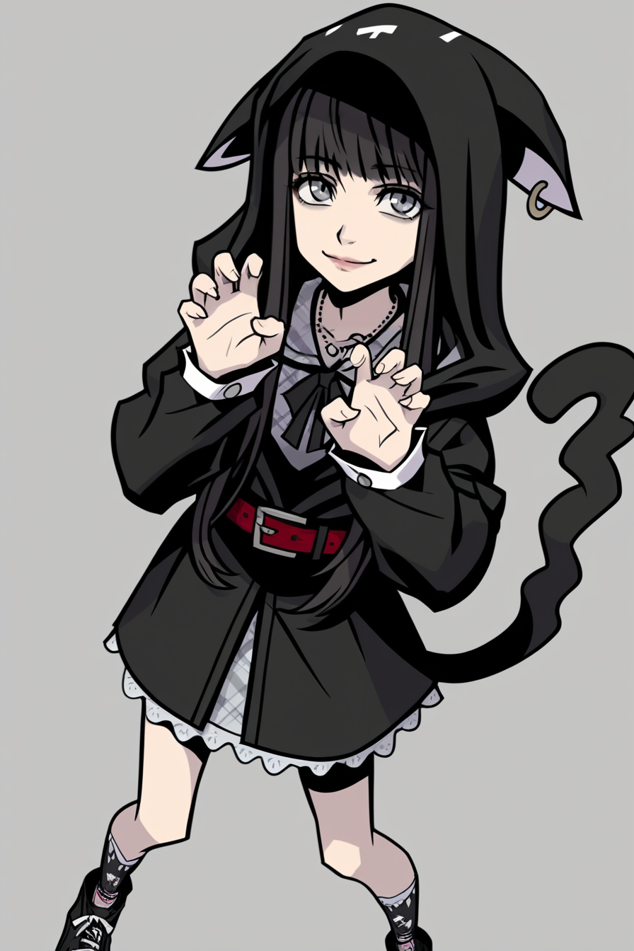 score_9_up, score_8_up, score_7_up, score_6_up, score_5_up, score_4_up, show accurate style, source_cartoon, flat colors, shokaNEO, 1girl, solo, long hair, black hair, grey eyes, grey plaid dress, black ribbon, cat hoodie, red belt, cat socks, black shoes, necklace, standing, AddXL, high angle,  from above, top down, neutral expression,looking up at viewer, dutch angle, depth of field, cat hoodie, small smile, closed mouth, (claw pose, hands up), Perfect Hands, (four fingers per hand), (two hands),