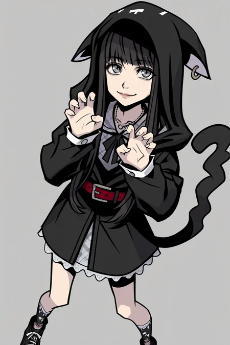 score_9_up, score_8_up, score_7_up, score_6_up, score_5_up, score_4_up, show accurate style, source_cartoon, flat colors, shokaNEO, 1girl, solo, long hair, black hair, grey eyes, grey plaid dress, black ribbon, cat hoodie, red belt, cat socks, black shoes, necklace, standing, AddXL, high angle,  from above, top down, neutral expression,looking up at viewer, dutch angle, depth of field, cat hoodie, small smile, closed mouth, (claw pose, hands up), Perfect Hands, (four fingers per hand), (two hands),