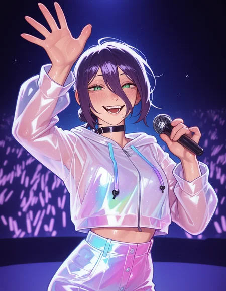 <lora:MilkshakeMix_TestCivit_v3:0.8>,
1girl, reze (chainsaw man), idol, stage, microphone, waving, smile, blush, transparent jacket, holographic clothing, iridescent, general,
BREAK masterpiece, best quality,