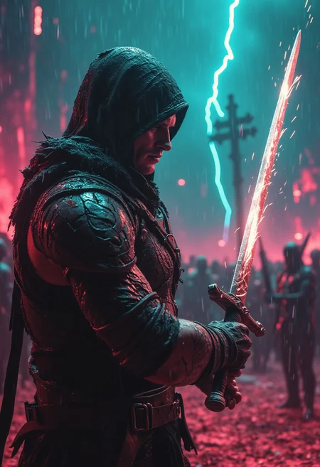 Vergil from devil may cry, katana on fire, This analog Photo captures an intense action scene of a lone swordsman, drenched in heavy rain, mid-strike on a dark, stormy battlefield. The scene IS bathed in bleaked vibrant turquoise pink Neon hues, His sword slashes through the air, scattering droplets of water like shards of glass, each illuminated by flashes of lightning that streak across the sky. His figure, shrouded in shadow, is rugged and battle-worn, with cracked, weathered skin that gives him an otherworldly presence. His eyes are shaded under a soaked hood, sharp and focused, cutting through the relentless downpour. The rain batters the scene, heavy drops splashing against his body and sword, which gleams in brief moments of light. Metallic sparks fly as his blade clashes with an unseen foe’s weapon, adding to the chaotic energy. The background is a blur of deep red and blacks, with distant Surrounded by monstrous and armed demons ready to attack, barely visible through the curtain of rain. The atmosphere is tense and gritty, as the swordsman stands defiant against both the storm and his enemy. The style, reminiscent of a digital painting, emphasizes rough textures, the gleam of wet steel, and the intense contrast between shadow and light, creating a dramatic, almost surreal moment frozen in time. The overall mood is dark and action-packed, blending the raw intensity of battle with a haunting, rain-soaked atmosphere.