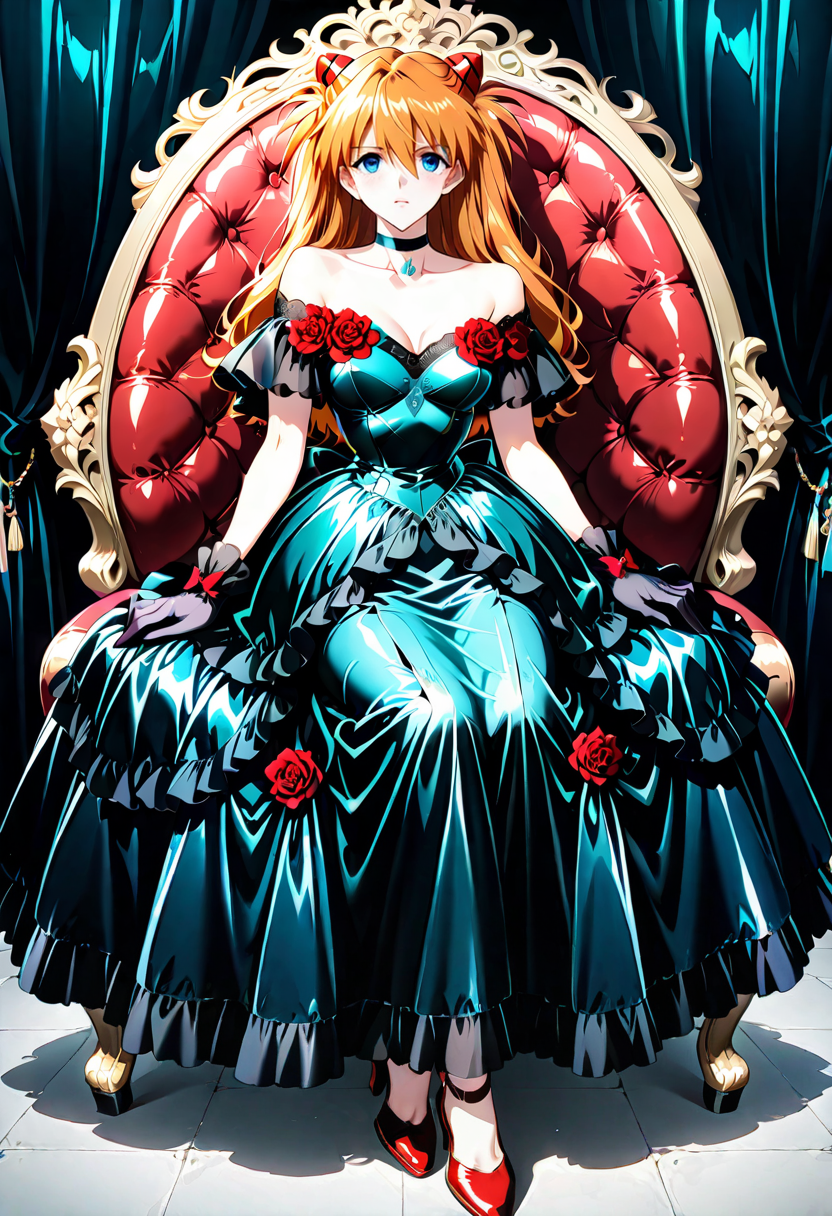 1girl,solo,looking at viewer, ikeda ruriko,gr dress, flower, black dress, red flower, gloves, jewelry, bare shoulders, red footwear, souryuu_asuka_langley,sitting,