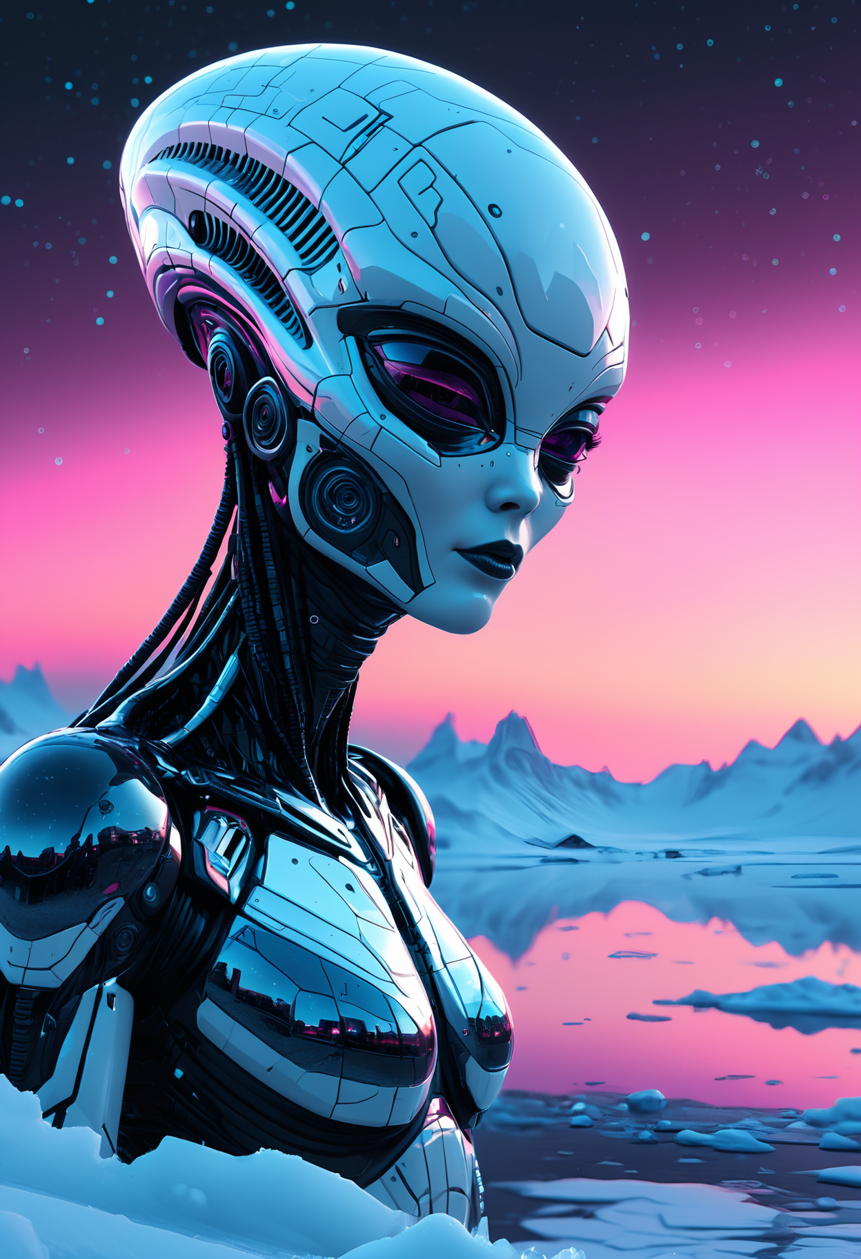 A black and white 135mm face-focus shot of Alien spaceship, in a pixel-art style, set in a vast, frozen tundra under the aurora borealis, a dynamic sitting pose and an blush expression. The scene is illuminated by Vibrant sunset gradient, enhancing the whimsical atmosphere. Reflections shifting strangely in a cracked mirror. An intricate blend of fantasy illustration and ultra-HD crispness, with hyper-detailed textures and dynamic 8K clarity. Meticulous craftsmanship ensures that every nuance of the motif shines in extraordinary resolution., <lora:add-detail-xl:1>, <lora:JuggerCineXL2:0.5>, Jed-Cypnk, <lora:CyberpunkStyle:0.8>,