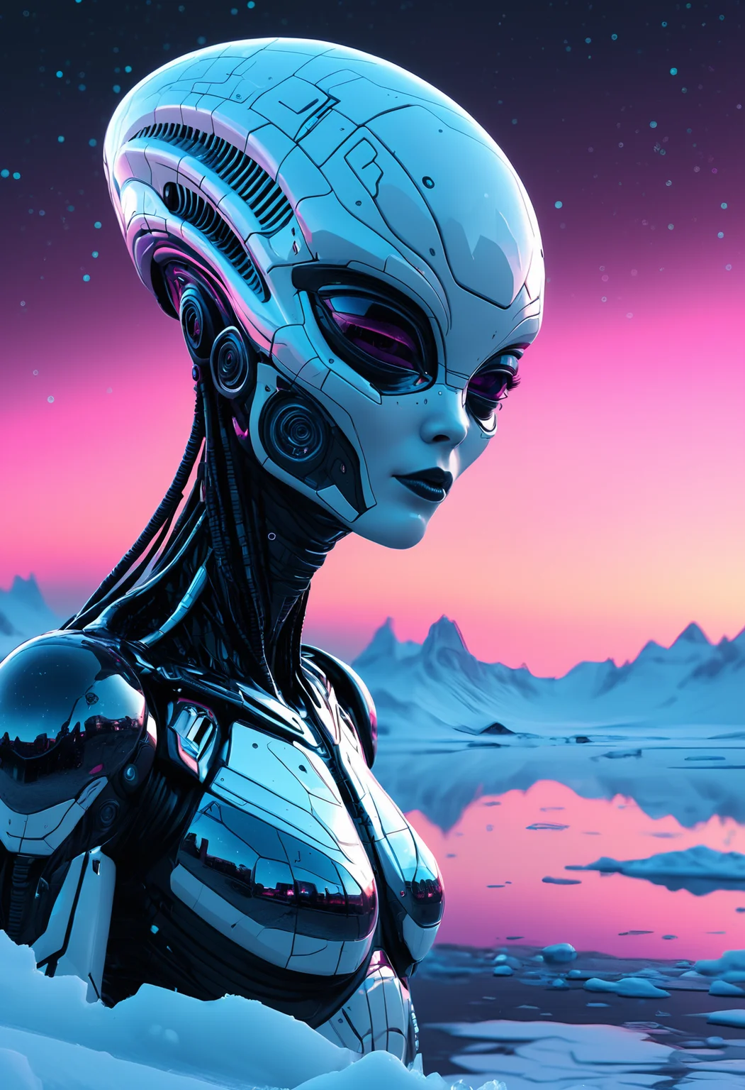 A black and white 135mm face-focus shot of Alien spaceship, in a pixel-art style, set in a vast, frozen tundra under the aurora borealis, a dynamic sitting pose and an blush expression. The scene is illuminated by Vibrant sunset gradient, enhancing the whimsical atmosphere. Reflections shifting strangely in a cracked mirror. An intricate blend of fantasy illustration and ultra-HD crispness, with hyper-detailed textures and dynamic 8K clarity. Meticulous craftsmanship ensures that every nuance of the motif shines in extraordinary resolution., <lora:add-detail-xl:1>, <lora:JuggerCineXL2:0.5>, Jed-Cypnk, <lora:CyberpunkStyle:0.8>,