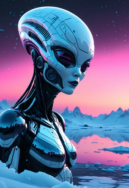 A black and white 135mm face-focus shot of Alien spaceship, in a pixel-art style, set in a vast, frozen tundra under the aurora borealis, a dynamic sitting pose and an blush expression. The scene is illuminated by Vibrant sunset gradient, enhancing the whimsical atmosphere. Reflections shifting strangely in a cracked mirror. An intricate blend of fantasy illustration and ultra-HD crispness, with hyper-detailed textures and dynamic 8K clarity. Meticulous craftsmanship ensures that every nuance of the motif shines in extraordinary resolution., <lora:add-detail-xl:1>, <lora:JuggerCineXL2:0.5>, Jed-Cypnk, <lora:CyberpunkStyle:0.8>,