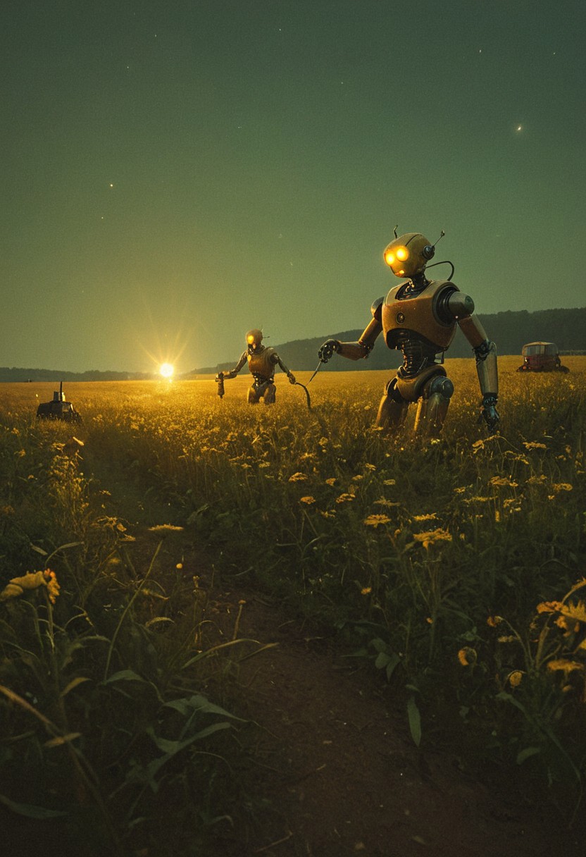 landscape of a Glowing Vile Goldenfield Hamlet of the Sunlit Meadows, robots doing yard work and gardening, Realistic, Relaxed, Moonlit, Light sparkles, Pixabay, beautiful detailed supreme quality color intricate, dynamic dramatic beautiful full taking, contemporary fine detail, highly detail, dynamic background, positive emotional,   by Jean Baptiste Monge, Jesper Ejsing, Anton Fadeev, Peter Mohrbacher Simon Stålenhag style, hypermaximalist, precisionism, 16k a masterpiece, trending in the style of simon-stalenhag