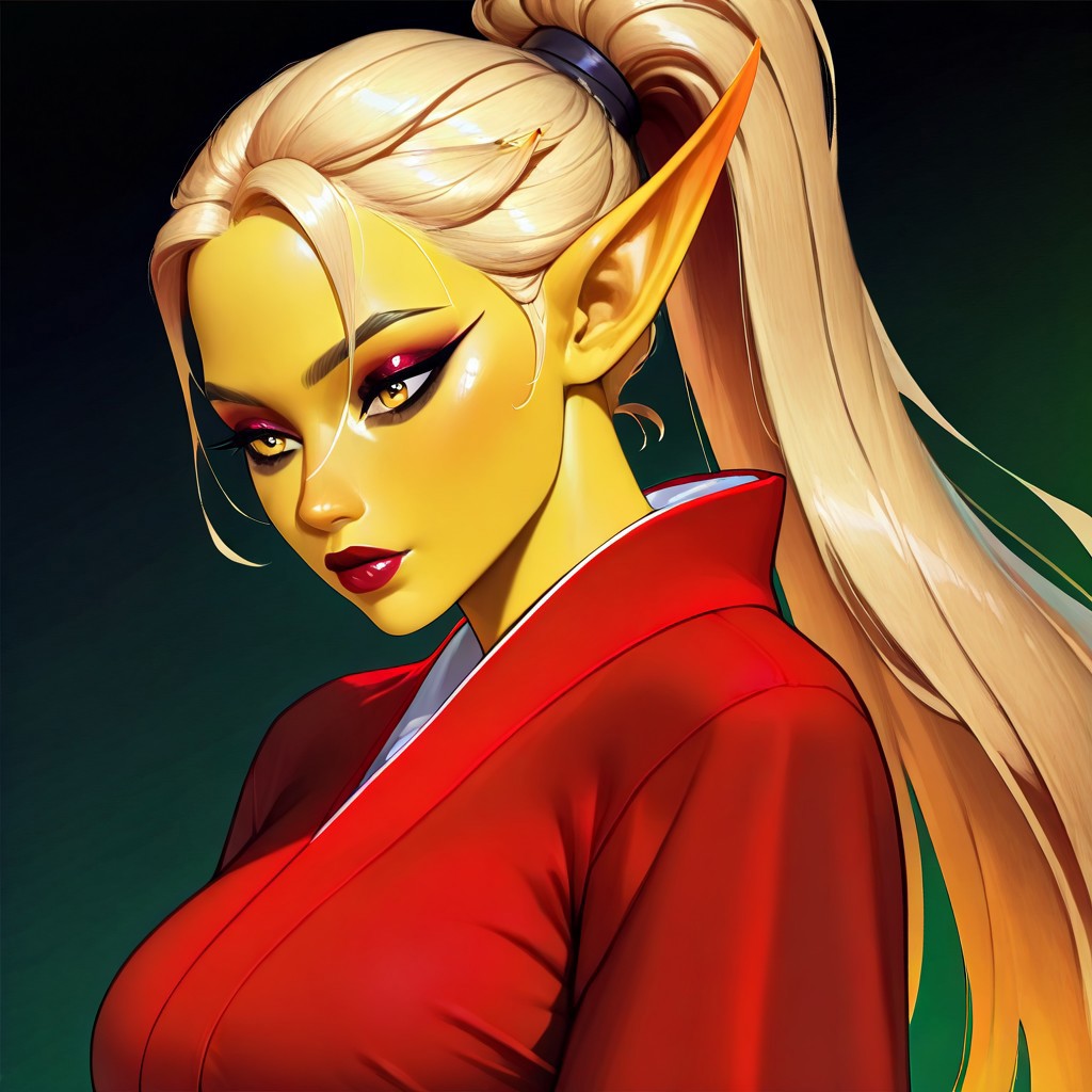 masterpiece, best quality, newest, absurdres, highres, ArcaneEyes-IL, 1girl, asian, asian female, elf, elf girl, pointy ears, long hair, yellow skin, blonde hair, golden colored skin, kimono, red kimono, ponytail long ponytail, high taied ponytail, makeup, mascara,