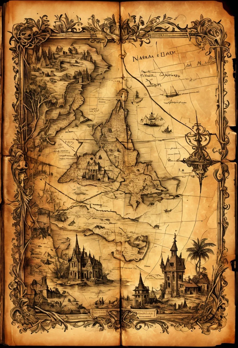 A weathered treasure map hidden inside an old book.
Masterpiece, insane artwork, unique image, Niji, aidma-niji