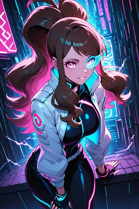 score_9, score_8_up, score_8, medium breasts, (curvy), cute, eyelashes, ,,, zzHildaLuxCitron, pink eyes, brown hair, high ponytail, long hair, multicolored hair, pink hair, ponytail, sidelocks, white jacket, long sleeves, shiny, pants, black gloves, cyberpunk, scouter, <lora:HildaLuxVoltPDXL:1>, cowboy shot, leaning forward, smile, looking at viewer, shiny skin, embedding:zPDXL, Expressiveh, <lora:SDXLFaeTastic2400:0.5>, <lora:Expressive_H-000001:0.4>,