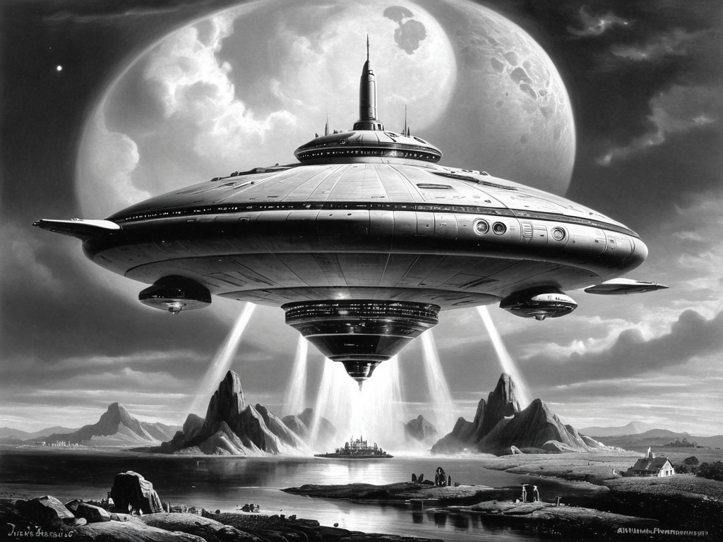 a spaceship,grayscale,monochrome,art by llbreton, <lora:LLBretonXLRecent:0.8>