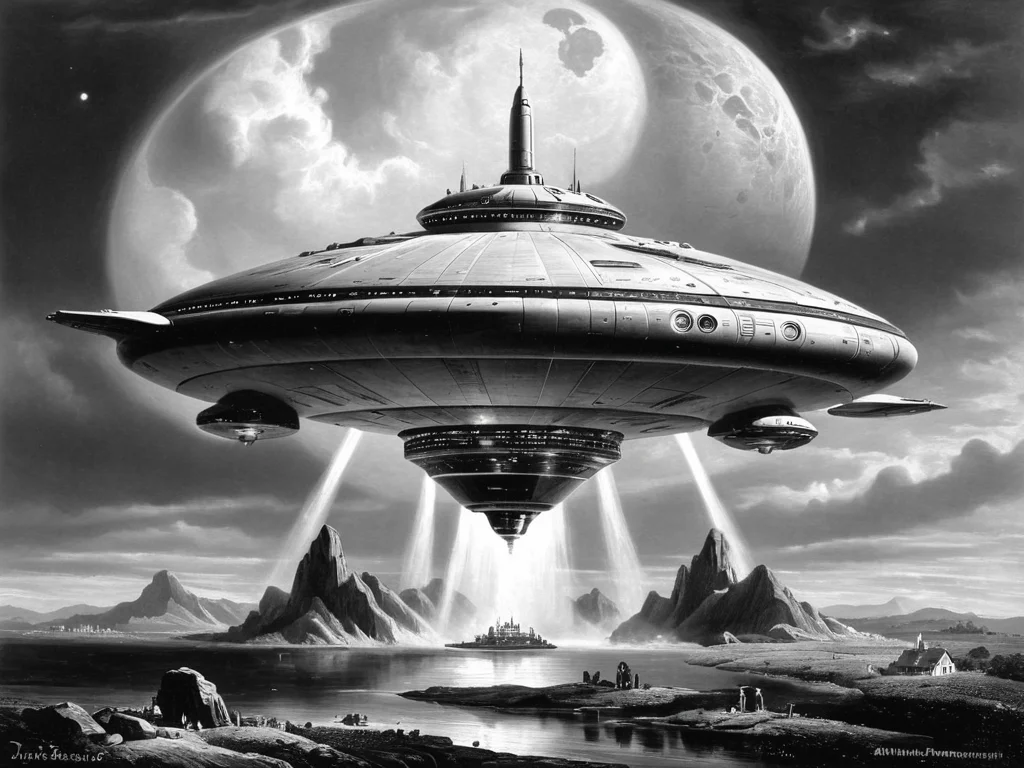 a spaceship,grayscale,monochrome,art by llbreton, <lora:LLBretonXLRecent:0.8>