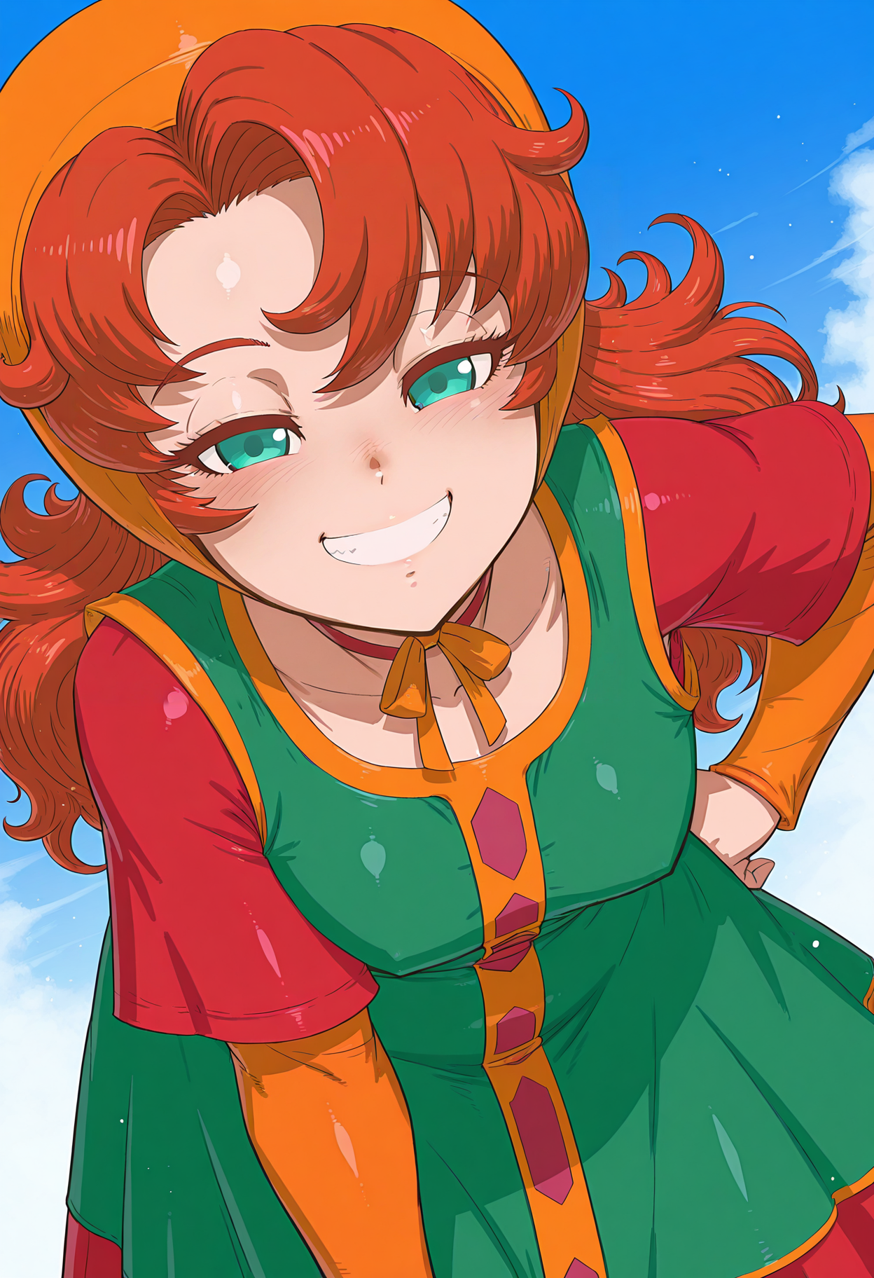 highres, best quality, masterpiece, blue sky,
tenseiani,
1girl, solo, maribel \(dq7\), 
green dress, sleeveless dress, shirt under dress, red shirt, layered sleeves, light aqua eyes,
looking at viewer, blush,
smile, hand on own hip, teeth, leaning forward, half-closed eyes, 
dutch angle, cowboy shot, 
<lora:_tenseiani-sty-elesico-ilxl-rev2:1>