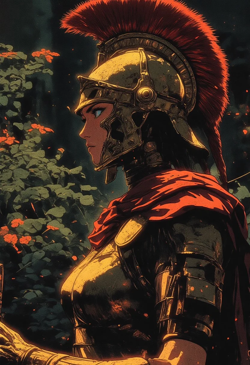Female Roman soldier, wearing traditional armor, including a crested helmet, The dark and moody background, dramatic tones, with subtle lighting, highlights on metallic surfaces, Holding a sword, foreshortening, partical effects, burning underglow, palm leaves, bushes, mediterranean background,
Profile Shot,