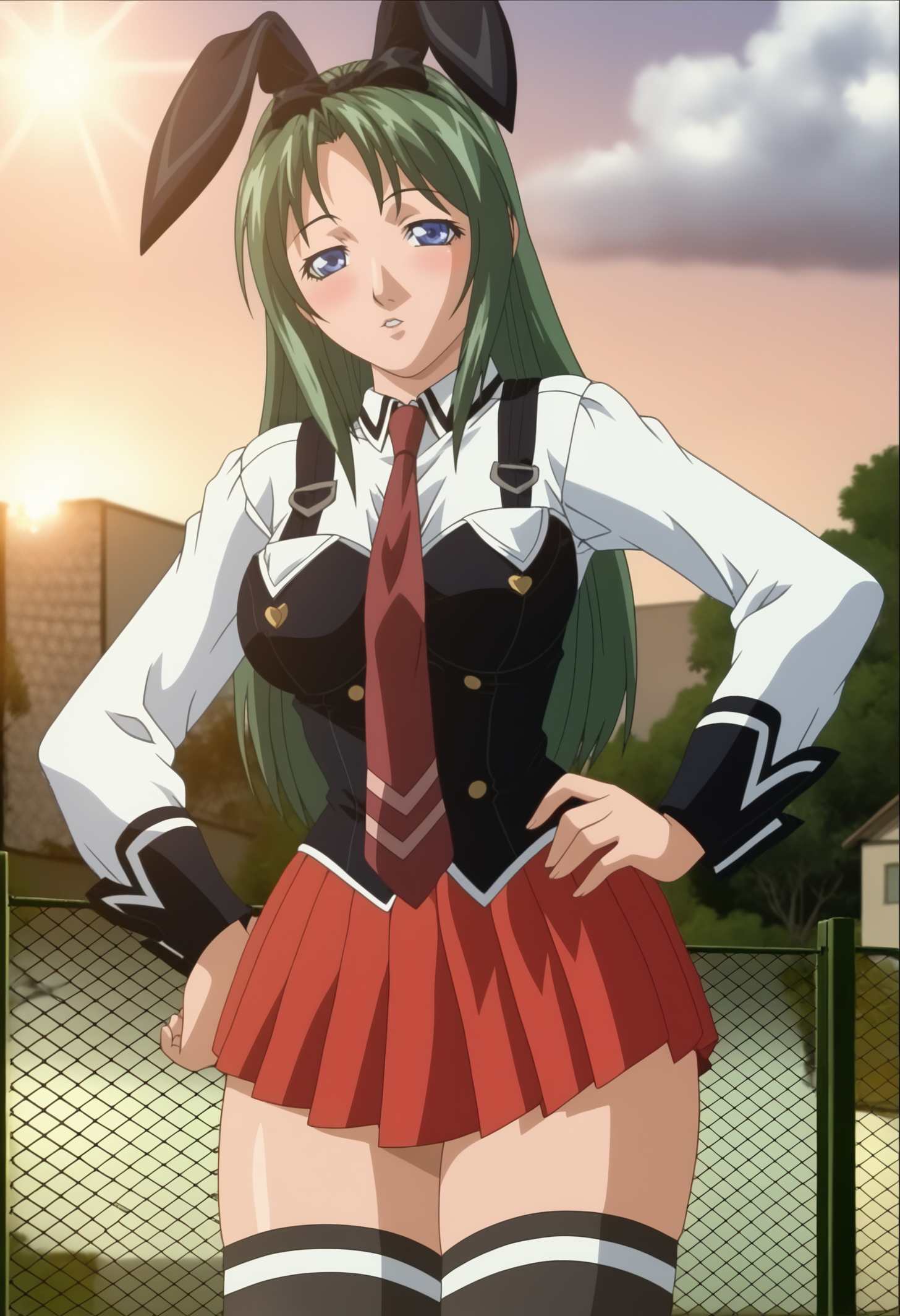 score_9, anime screenshot, 
1girl, ito mika, standing, cowboy shot,
looking at viewer, blush, parted lips, leaning on fence, head tilt, contrapposto, hand on own hip, beckoning,
green hair, long hair, blue eyes, rabbit ear hairband, half-closed eyes,
thick thighs, shiny, curvy,
white shirt, red necktie, black vest, suspenders, red skirt, pleated skirt, black thighhighs, white trim,
outdoors, cloudy sky, tree, sidelighting, sunlight, evening, chain-link fence, on rooftop,
<lora:Ito Mika 3216 PonyV6XL:1> [4 fingers:5 fingers:15]