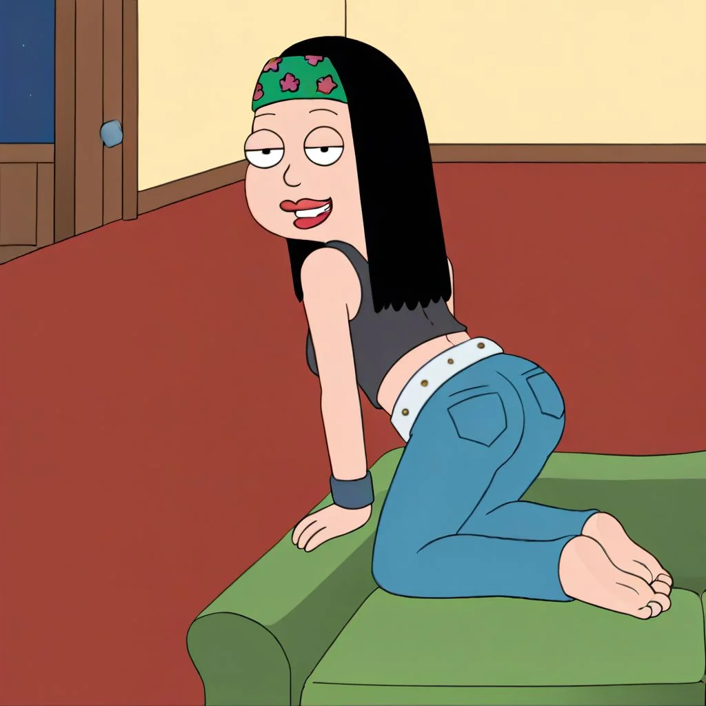 Hayley smith, 1girl, black hair, headband, normal black pupils, small tits, in American dad living room, looking at viewer, tank top, laughing, aroused, huge ass, perfect ass, shiney ass, ass focus, belt, jeans, on all fours,