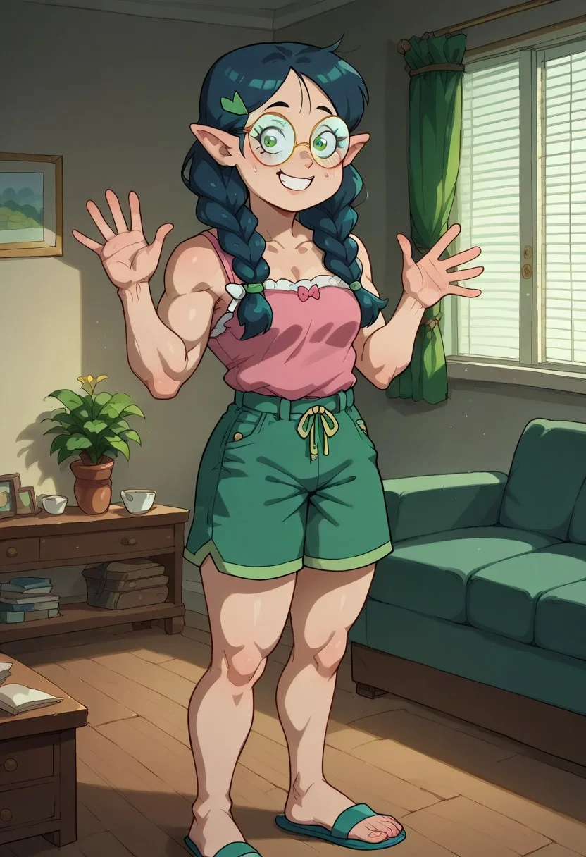 score_9, score_8_up, score_7_up, solo, 1girl,
round gold-framed glasses, 
fair skin, pointed ears, olive-green eyes, navy-blue hair with a few, loose strands, pale green streaks, twin pigtails, twin braids that go past her shoulders, indoors, living room, looking at viewer, shy smile, one hand behind back, waving, nervous, 
pink sleeveless top with white shoulder straps, green shorts, blue flip-flops, and a pink butterfly hair clip, small breast,show accurate,perfect anatomy, perfect hands, muscular female,