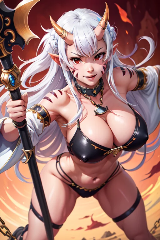 <lora:lisa:0.6>lisa,1girl, solo, long hair, breasts, looking at viewer, smile, large breasts, red eyes, navel, holding, weapon, white hair, detached sleeves, horns, pointy ears, holding weapon, chain, facial mark, pink background, oni horns, oni, axe (masterpiece:1.2), (best quality), (ultra detailed), (8k, 4k, intricate),(full-body-shot:1), (highly detailed:1.2),(detailed face:1.2),(detailed background),detailed landscape, (dynamic angle:1.2), (dynamic pose:1.2),