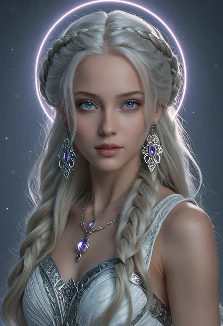 professional 3d model <lora:ul0px:1>,ul0px,(dress, jewelry, necklace, earrings, fantasy art),<lora:Beeple_holography:1>,Beeple,(holography, volumetric lights, scenery, aura:1.3),, (Hair, Long, silver-blonde hair (often described as pale as moonlight), a hallmark of her Targaryen lineage. In the books, her hair is worn in intricate braids, symbolizing victories and tradition:1), (Eyes, Large, violet eyes, often noted for their intensity and otherworldly quality, typical of the Valyrian race:1), (Skin, Pale, creamy complexion with a smooth, almost luminous quality that enhances her striking beauty:1), (Build, Slim and petite, yet strong and resilient, reflecting her gradual transformation from a timid girl into a determined leader:1),  short in stature,, Light aura concept art, a subtle energy field or glow that surrounds a person, object, or scene, often associated with spirituality, healing, or an ethereal appearance. A glowing halo or radiant light surrounding a subject to convey divinity, mystery, or supernatural power. soft gradients, luminous effects, or pastel colors, an emanation of a person's energy field, white or golden light symbolizing purity and enlightenment, a radiant, soft glow around the subject, . octane render, highly detailed, volumetric, dramatic lighting