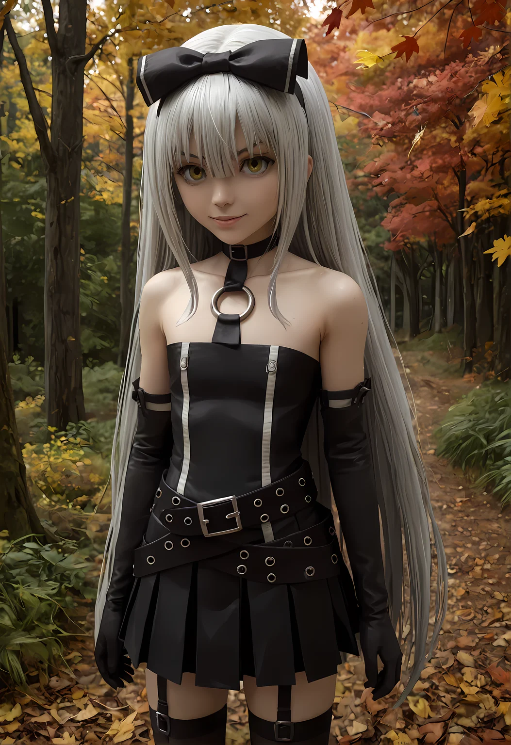 score_9, score_8_up, score_7_up,looking at viewer, shiny skin, upper body, light smile, petite,ohwx, grey_hair, long_hair, yellow_eyes, collarbone, very_long_hair, grey_eyes, hair_between_eyes, white_hair, short_hair, flat_chest, breasts,bare_shoulders, choker, bow, hair_bow, collar, ribbon, dress, skirt, black_bow, belt, black_dress, hair_ribbon, pantyhose, cosplay, gloves, elbow_gloves, black_pantyhose, hairband, thighhighs, shoes, necktie, pleated_skirt, o-ring, gothic_lolita, Japanese forest in autumn, colorful maple leaves, soft sunlight filtering through trees, peaceful and warm,<lora:sora_pony_sobsynapse-000003:0.9>