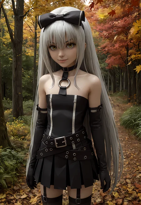 score_9, score_8_up, score_7_up,looking at viewer, shiny skin, upper body, light smile, petite,ohwx, grey_hair, long_hair, yellow_eyes, collarbone, very_long_hair, grey_eyes, hair_between_eyes, white_hair, short_hair, flat_chest, breasts,bare_shoulders, choker, bow, hair_bow, collar, ribbon, dress, skirt, black_bow, belt, black_dress, hair_ribbon, pantyhose, cosplay, gloves, elbow_gloves, black_pantyhose, hairband, thighhighs, shoes, necktie, pleated_skirt, o-ring, gothic_lolita, Japanese forest in autumn, colorful maple leaves, soft sunlight filtering through trees, peaceful and warm,<lora:sora_pony_sobsynapse-000003:0.9>