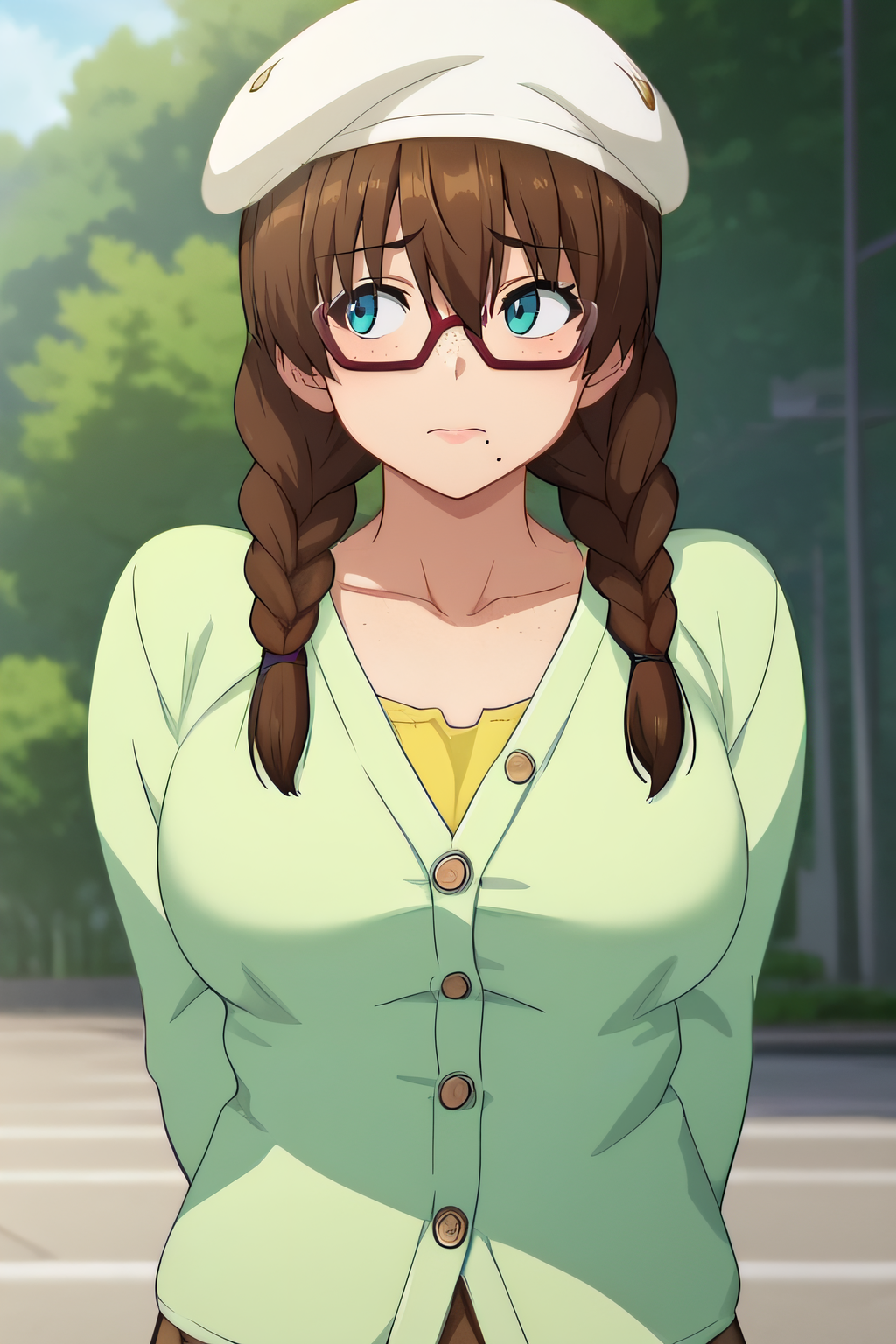 score_9, score_8_up, score_7_up, source_anime, rating_safe, intricate details, anime screencap, 1girl, solo, <lora:Sakurai_Erika:1>, sakuraierika, brown hair, blue eyes, mole under mouth, freckles, red-framed eyewear, twinbraids, glasses, large breasts, collarbone, white beret, lemon green cardigan, unbuttoned, yellow shirt, brown underskirt, pleated skirt, white pantyhose, looking away, cowboy shot, outdoor, arms behind back, embarrased, closed mouth