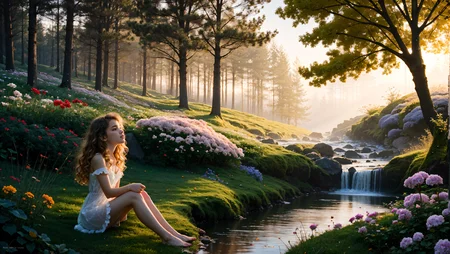 (detailed realistic background:1), (official art, beautiful and aesthetic:1 ), realistic lighting, cinematic lighting, hyperrealism, soothing tones, muted colors, high contrast, soft light, sharp, artistic photoshoot, FeyFa, forest, trees, middle, path, waterfall, through, background, stream, flowers, lights, BREAK in the foreground sitting a fairy, in back of her house, light, (cute, petite), slender, european, pale cheeks, square face shape with angular jaw, natural makeup, ginger hair, (wavy bob hair:1.1), wearing see-through gossamer fairy short dress, night time, darkness, <lora:age_slider_v2:-1.5> <lora:quality1:1> <lora:FeyAndFairies:0.4>
