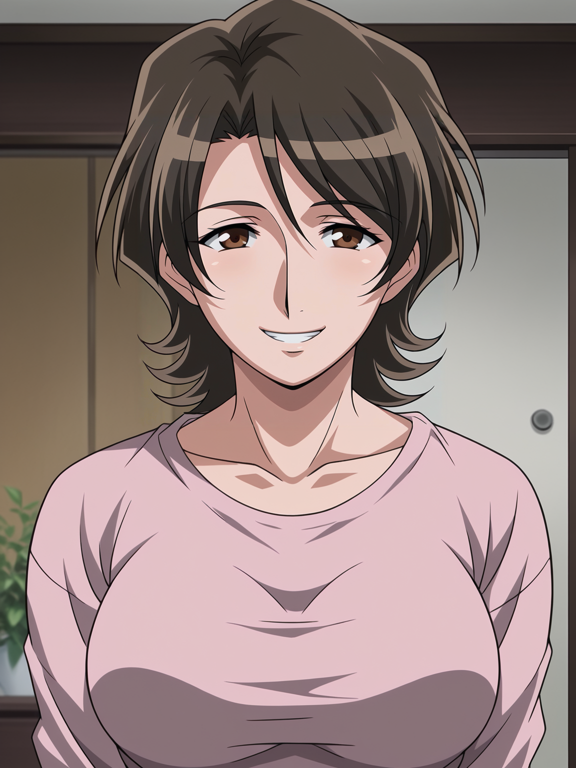 <lora:Masae-Yama_Hime_no_Mi-ep2:0.7>,Masae,mature female,1girl,solo,short hair,brown hair,brown eyes,breasts,shirt,upper body,looking at viewer,indoors,smile