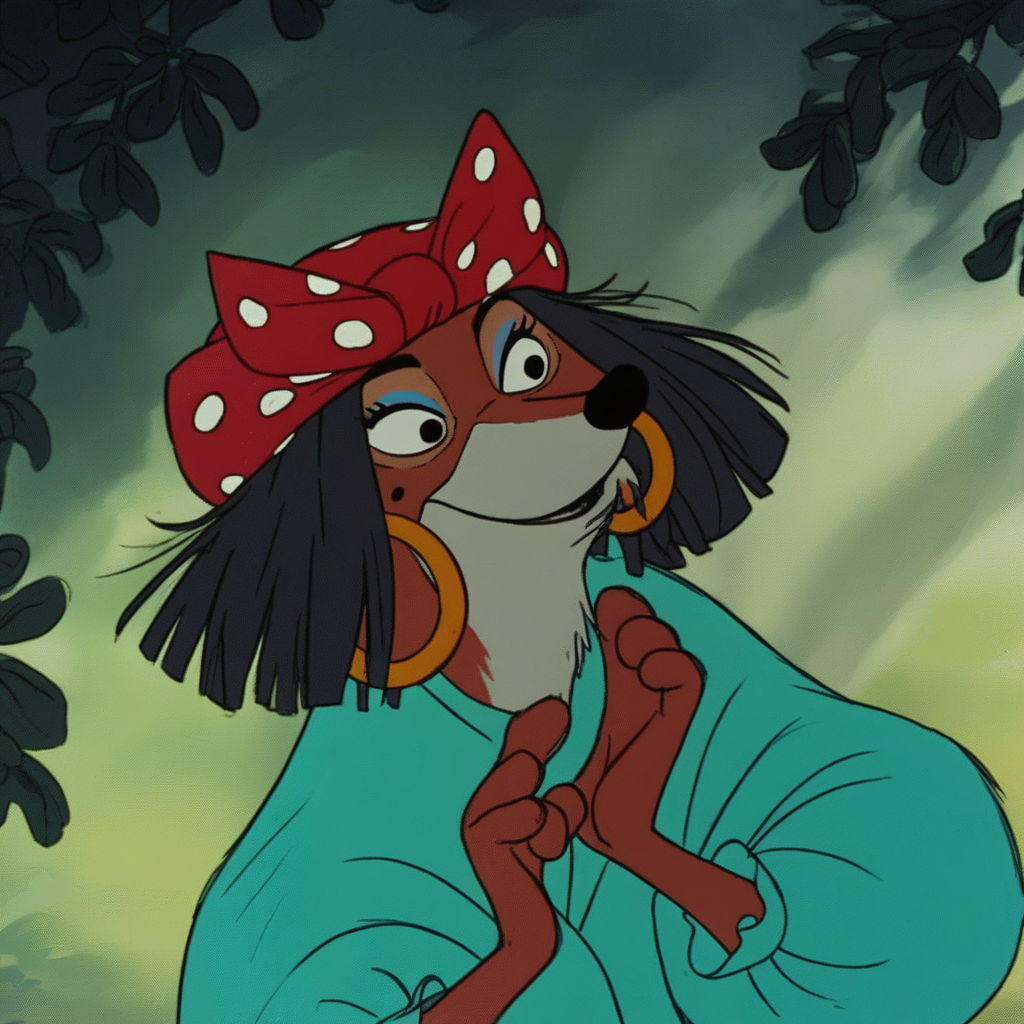 score_9, score_8_up, score_7_up, solo, RH_Gypsy, Robin Hood, Anthro Fox, fox, Disney, Red fur, white markings, fox tail, black eyes, black nose, whiskers, fox tail, black hair, hoop earrings, gold earings, blue eyeshadow, eyelashes, beauty mark, teal dress, baggy dress, red shoal, red bandana, polka-dot bandana, (((Headshot)))
