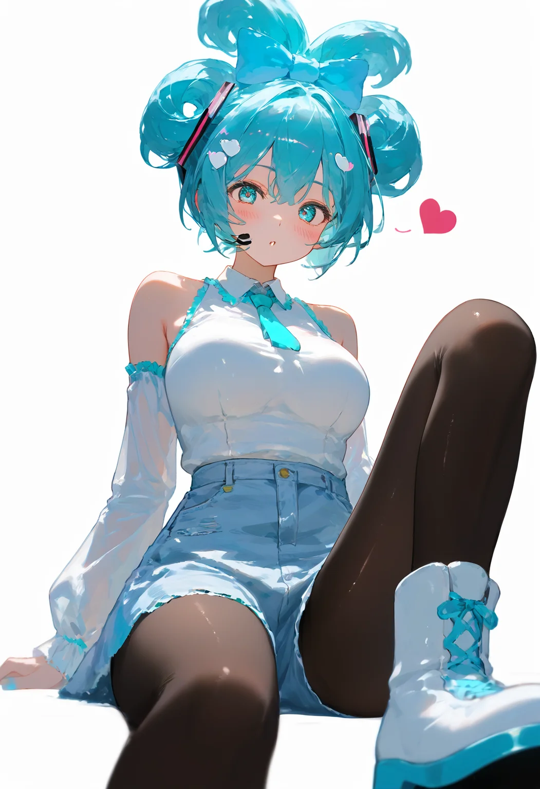 , ,,,, masterpiece, perfect,
(score_10, score_9,score_8_up,score_7_up), (shiny skin, smooth skin:1.2), source anime, anime, explicit rating,(cinemagraph,footwear focus, sitting, from below,wide hips:1.3),
(dark theme, low light, concept art, realistic, :1.0),
looking at viewer, 1girl, 1r1d3sc3nc3 , white background,, , blush, dynamic pose, , busty, breasts, slim waist, ,, , ,, hatsune miku, bangs, updo, heart hair ornament,bare shoulders, ruanyi0966,torn jeans,white shirt,black pantyhose<lora:1r1d3sc3nc3XLP:0.6>,<lora:BustyFC-pdxl:1>,<lora:å鳿ªæ¥çæ¡çHatsune_Miku:1>,<lora:0966 Home wear 13_v1_pony:1>