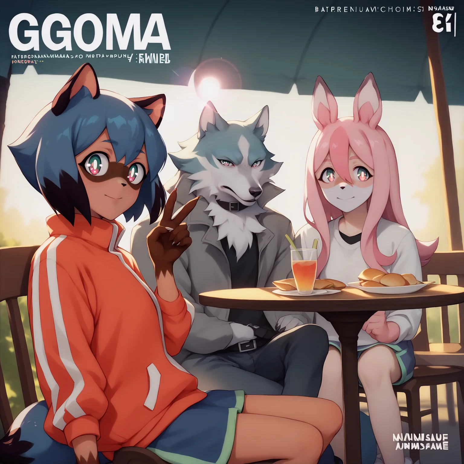 score_9, score_8_up, score_7_up, <lora:ShirouOgamiPonyXL:1>, trio, shirou ogami, wolf, michiru kagemori, tanuki, nazuna hiwatashi, fox, magazine cover, cafe. sitting, outside, table, chairs, detailed background, natural lighting, sunlight, lens flare, portrait, v-sign, looking at viewer