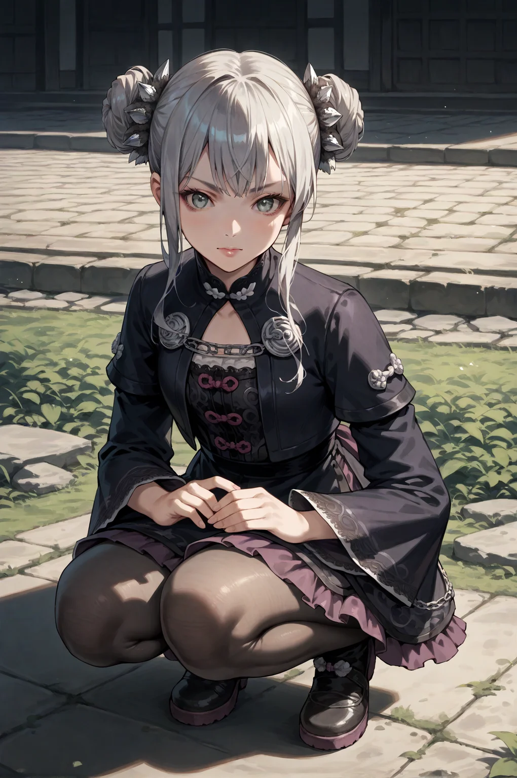 score_9, score_8_up, score_7_up, source_anime, Squatting, ready to jump, <lora:Dong_Bai:0.8> 1girl, solo, hair bun, grey hair, grey eyes, dress, long sleeves, pantyhose, hair ornament, looking at viewer