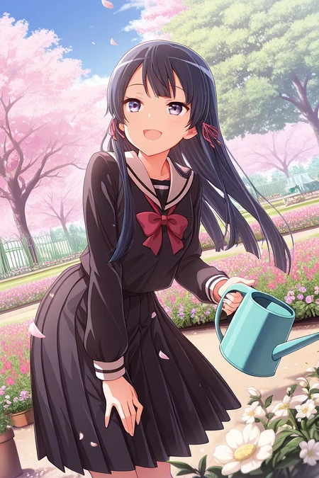 masterpiece, best quality, amazing quality,
<lora:Tamao_IL:1> tamao, 1girl, flower, school uniform, long hair, outdoors, solo, skirt, garden, serafuku, day, ribbon, smile, watering can, pleated skirt, sky, tree, open mouth, bow, long sleeves, dutch angle, bangs, petals, black skirt, bowtie, holding