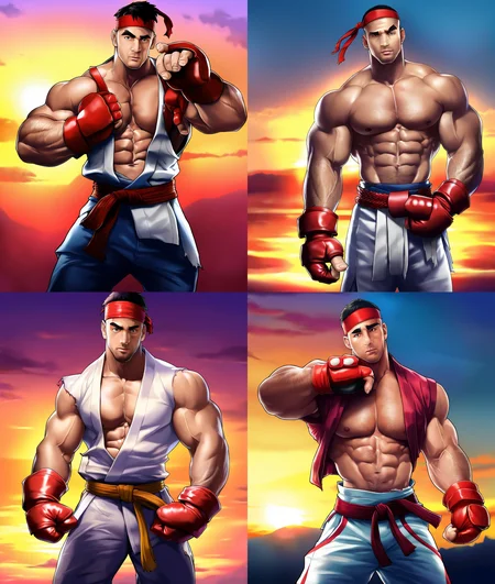 masterpiece, best quality, highres, absurdres, (realistic:1.2), solo, looking at viewer, short hair, shirt, black hair, gloves, 1boy, navel, male focus, thighs, sleeveless, belt, pants, fingerless gloves, torn clothes, muscular, feet out of frame, headband, thick thighs, abs, thick eyebrows, pectorals, muscular male, bara, red gloves, large pectorals, veins, sunset, black belt, fighting stance, white pants, torn shirt, dougi, red headband, forked eyebrows, ryu \(street fighter\)