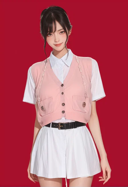 1girl,red background,,ruanyi1018,black belt,collared shirt,pink vest,white skirt,<lora:1018 Home wear 34_v1_pony:1>, score_9, score_8_up, score_7_up, score_6_up, score_9, score_8_up, score_7_up, score_6_up source_anime, blush, 1girl, seduce smile, perfect body , natural huge breasts