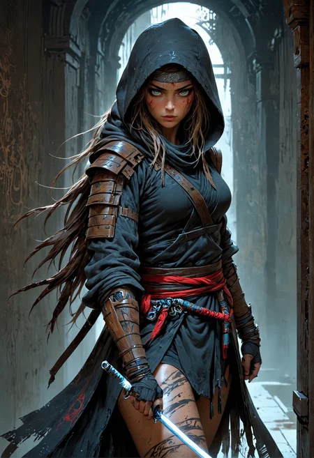 ninja girl, hooded, long hair, in a dark corridor, dim light, cloak, fingerless gloves, fantasy, tail, shadow magic, beautiful eyes, glowing eyes, petite, skinny, blood moon, shoulder armor, holding a sword, perfect anatomy, approaching perfection, dynamic, highly detailed, smooth, sharp focus, art by Carne Griffiths and Wadim Kashin, trending on artstation, sharp focus, intricate details, highly detailed, by greg rutkowski, mysterious, epic, cinematic, digital art, 4k, <lora:EpicF4nta5yXL:0.8>